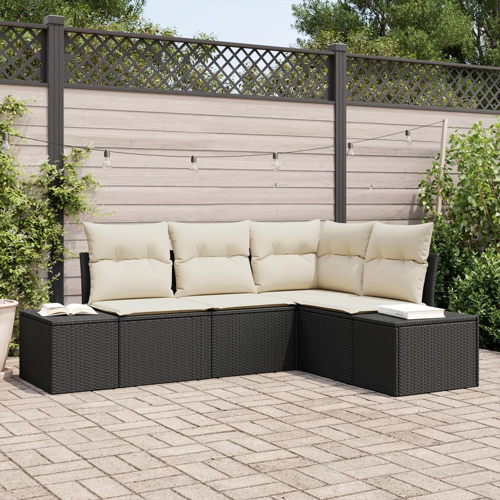 Conjunto de Sofá de Jardim de 4 Peças com Almofadas Preto Vime Poliést