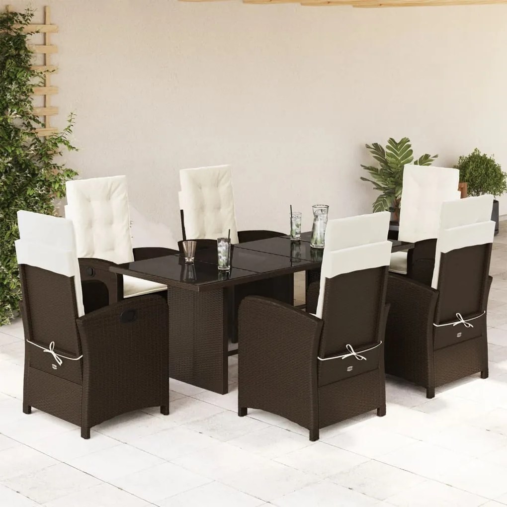 7 pcs conjunto jantar p/ jardim c/ almofadões vime PE castanho