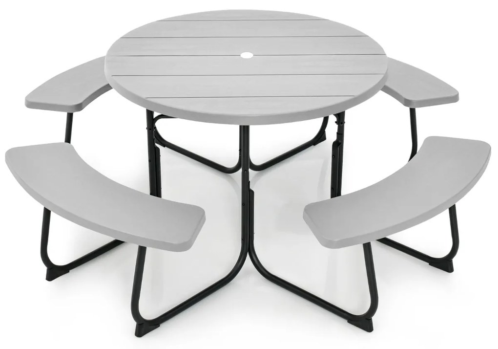 Conjunto de jardim para 8 pessoas com mesa e 4 bancos, orifício para guarda-sol e mesa de campismo redonda para piquenique no jardim Carga 225 kg Cinz