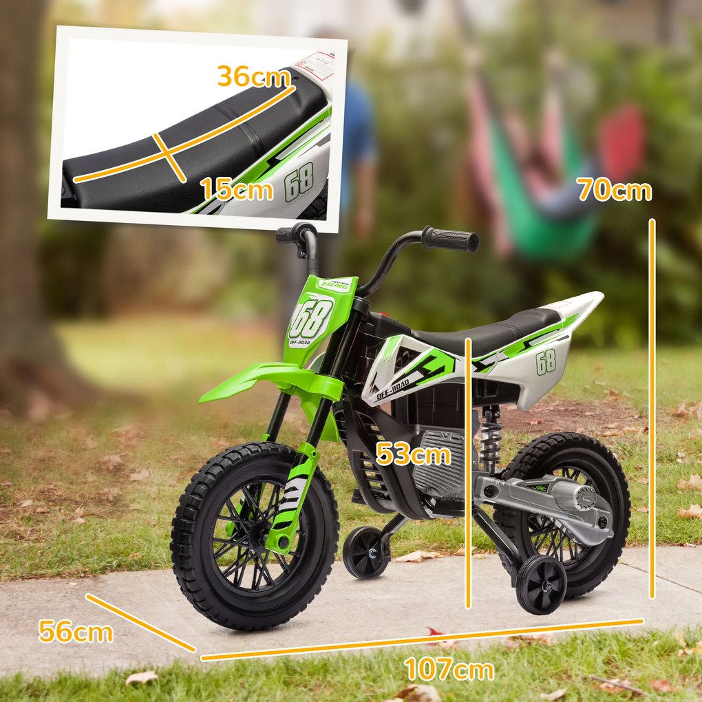 Mota Elétrica para Crianças com Bateria 12V Música Velocidade 2,4-5 km/h e Rodas Auxiliares 107x56x70 cm Verde