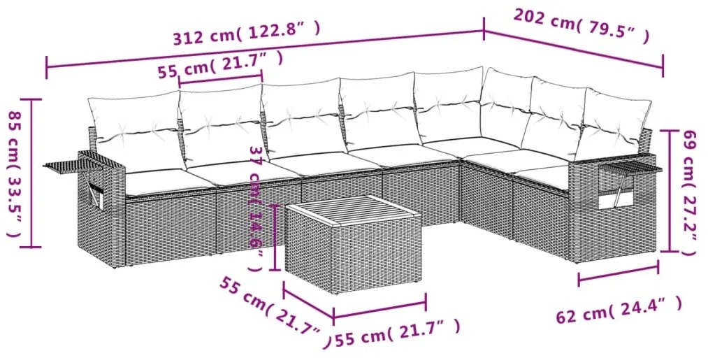 8 pcs conjunto sofás de jardim com almofadões vime PE preto
