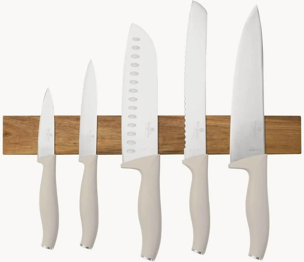 Facas de cozinha com suporte magnético em madeira de acácia Matt Cream