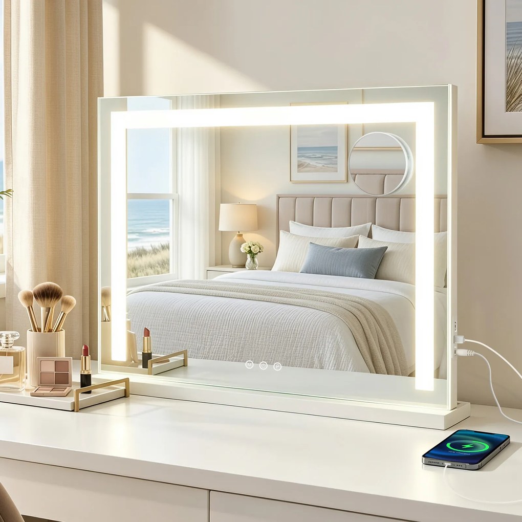 Espelho de Maquilhagem, 58 x 10 x 43 cm, Luz LED de 3 Cores, Branco