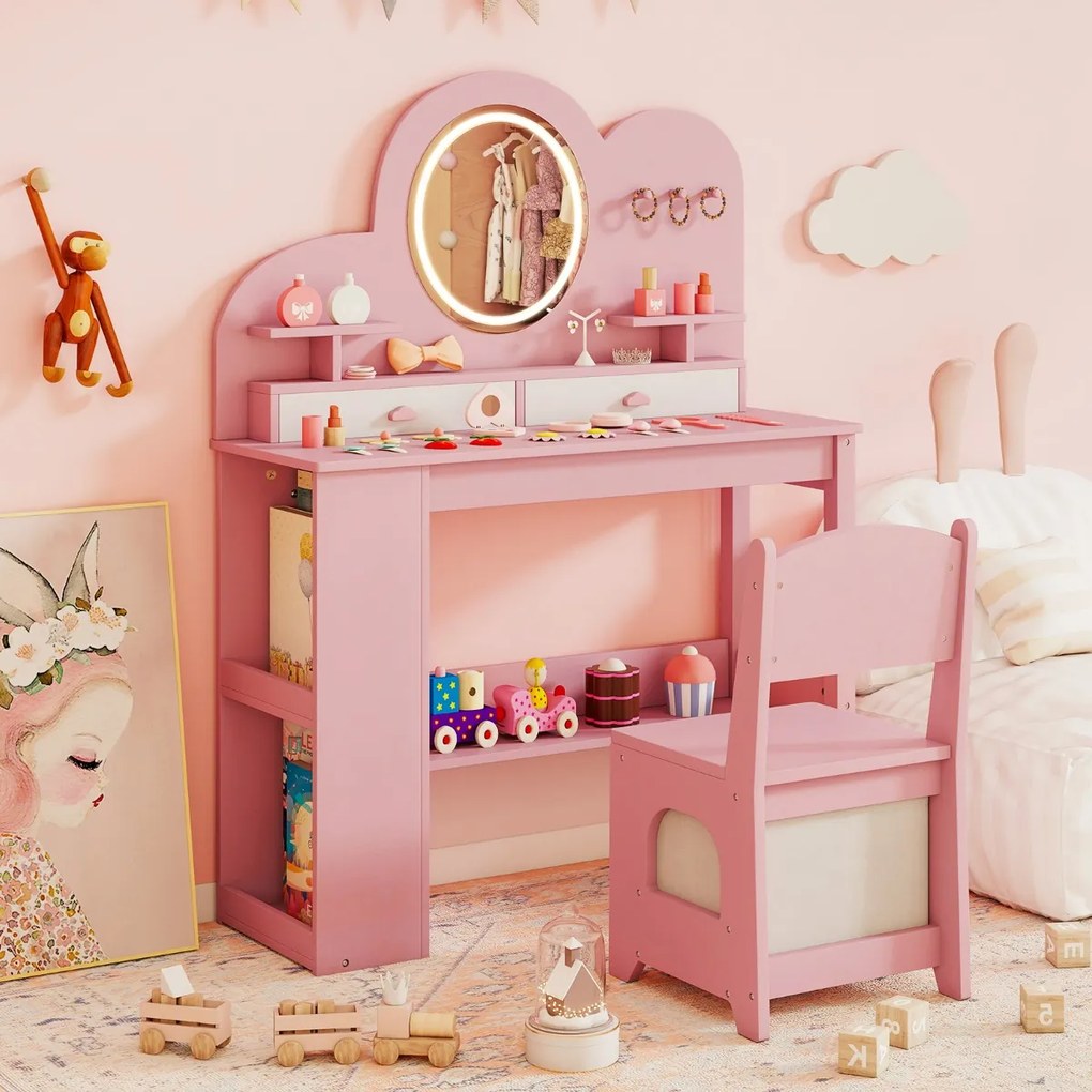 Toucador infantil com luzes e cadeira de princesa com 2 gavetas e Estante de 2 níveis, 3 ganchos e 2 prateleiras abertas Rosa