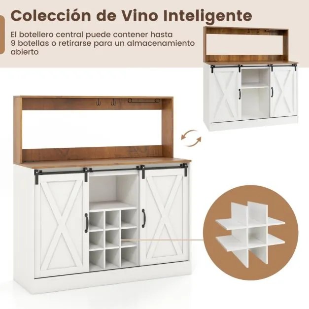 Armário de café-bar 120 x 40 x 127,5 cm com estação de carregamento Portas deslizantes Garrafeira amovível Estantes ajustáveis Branco e nogueira