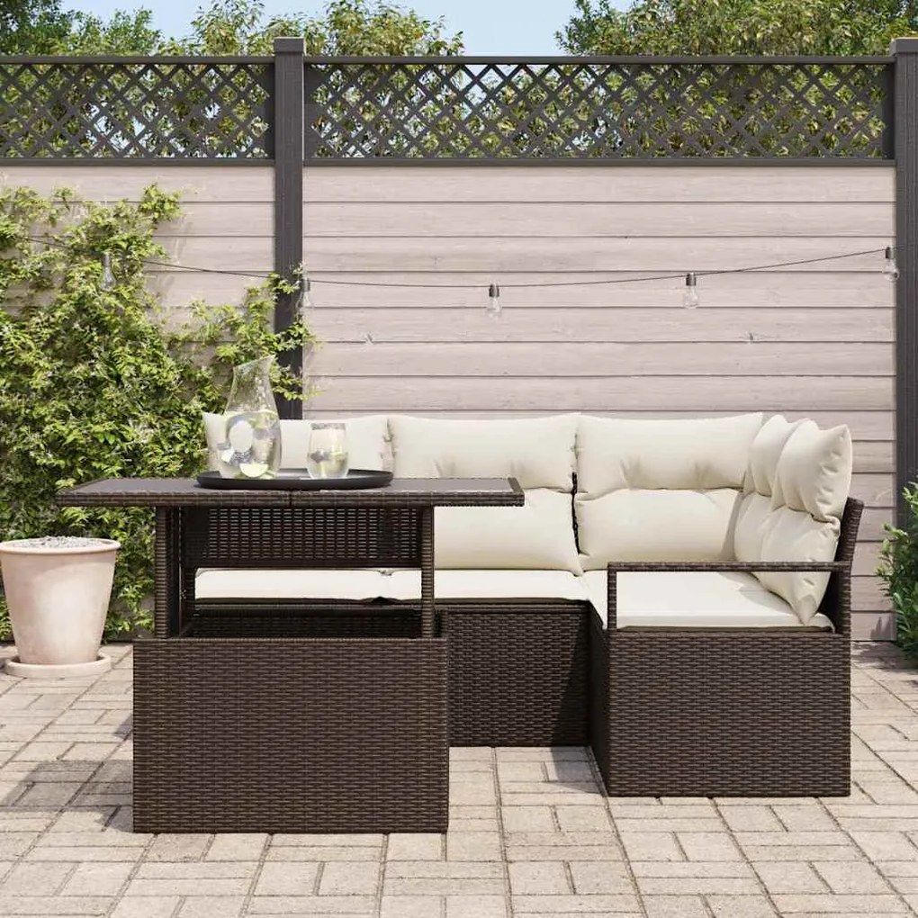 Conjunto de Sofá Jardim de 5 Peças com Almofadas Castanho Rattan Poly