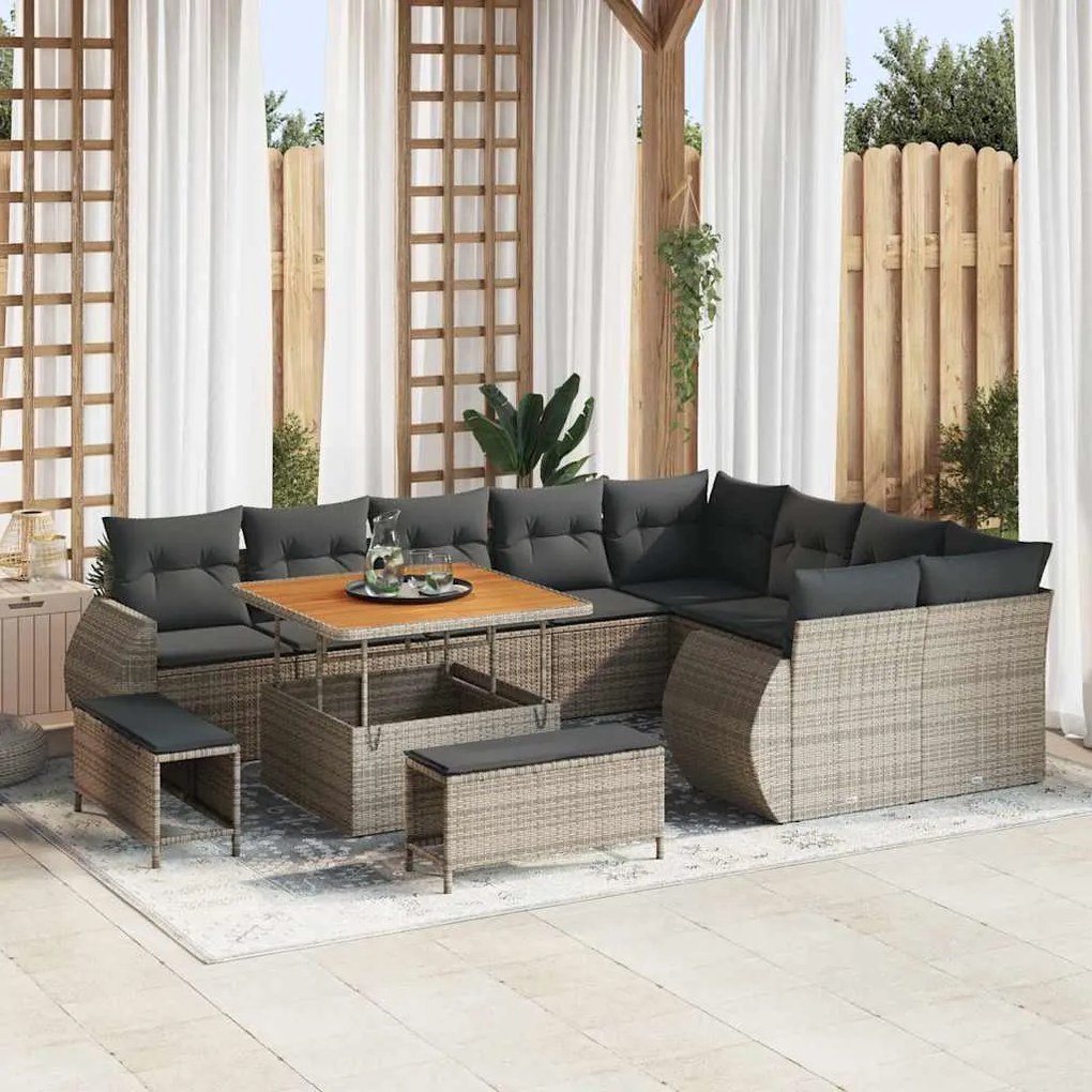 Conjunto de Sofá de Jardim vidaXL de 12 Peças com Almofadas Cinza Polirattan Acácia
