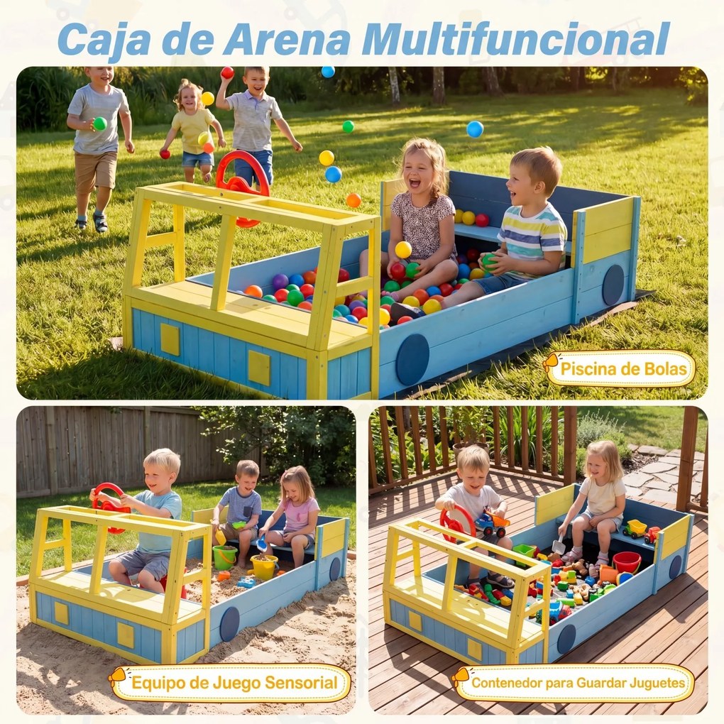 Caixa de areia infantil em madeira de abeto com forma de carro 160 x 86 x 58 cm, assento com base aberta e forro inferior, para praia, pátio ou jardim