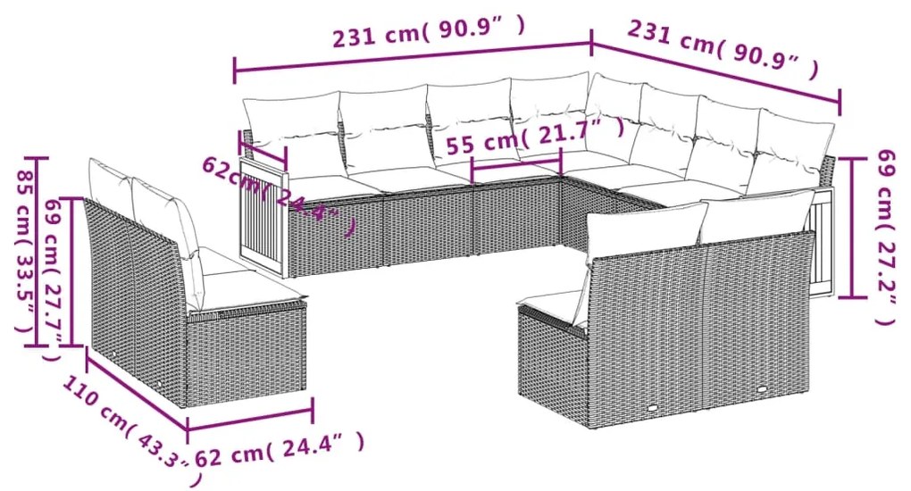 11 pcs conjunto sofás de jardim c/ almofadões vime PE preto