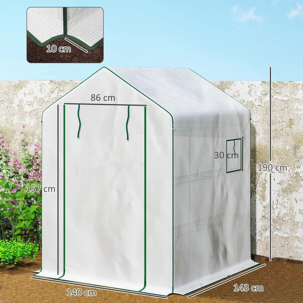 Estufa de jardim 140 x 143 x 190 cm com 1 porta, 2 janelas e prateleiras de 3 níveis para legumes, plantas e flores; cobertura em PE branca