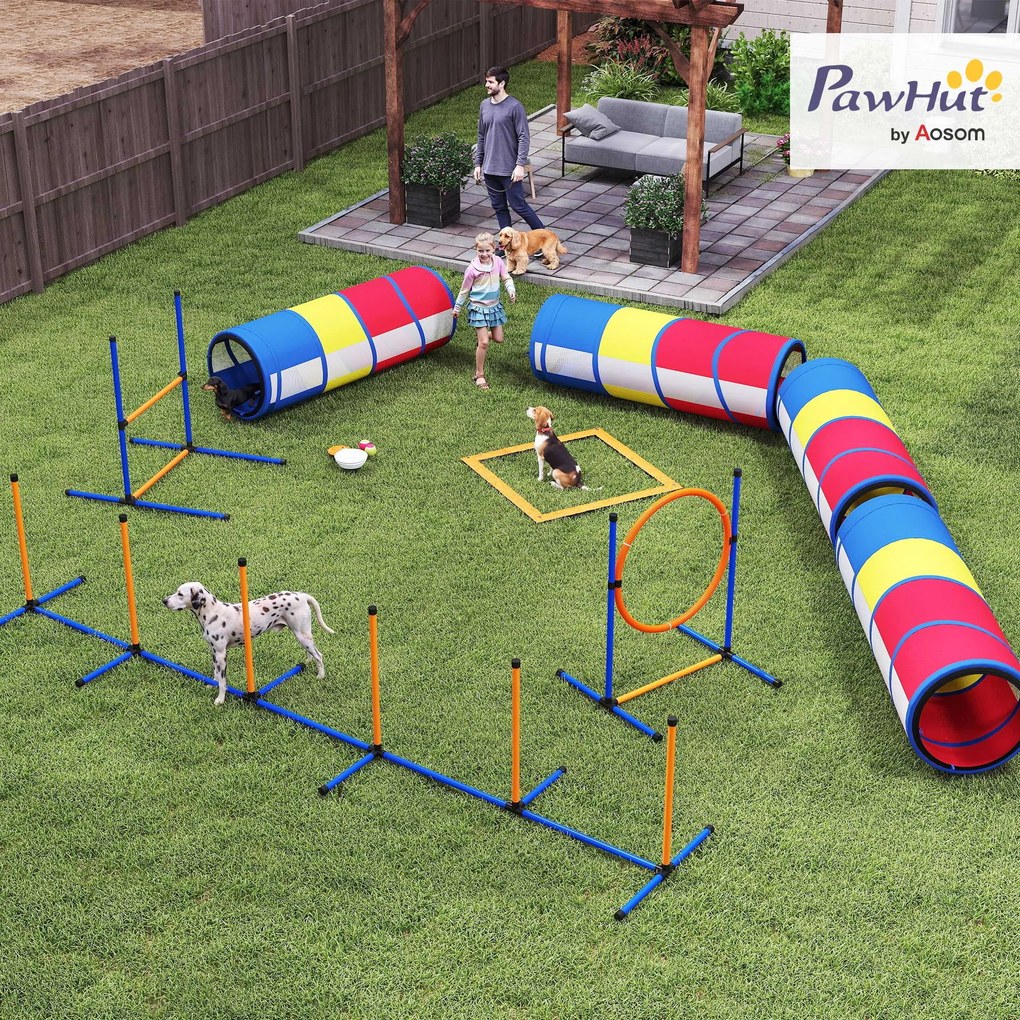 Conjunto de agilidade para cães com 12 peças, 4 túneis, obstáculos ajustáveis, anel, slaloms, 357 x 65 x 68 cm, multicolorido