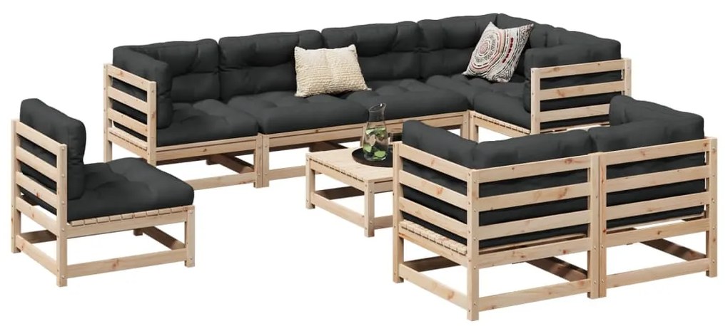 9 pcs conjunto sofás de jardim com almofadões pinho maciço