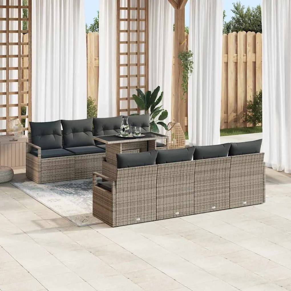 Conjunto de Sofá de Jardim vidaXL 9 Peças com Almofadas Cinza Rattan S