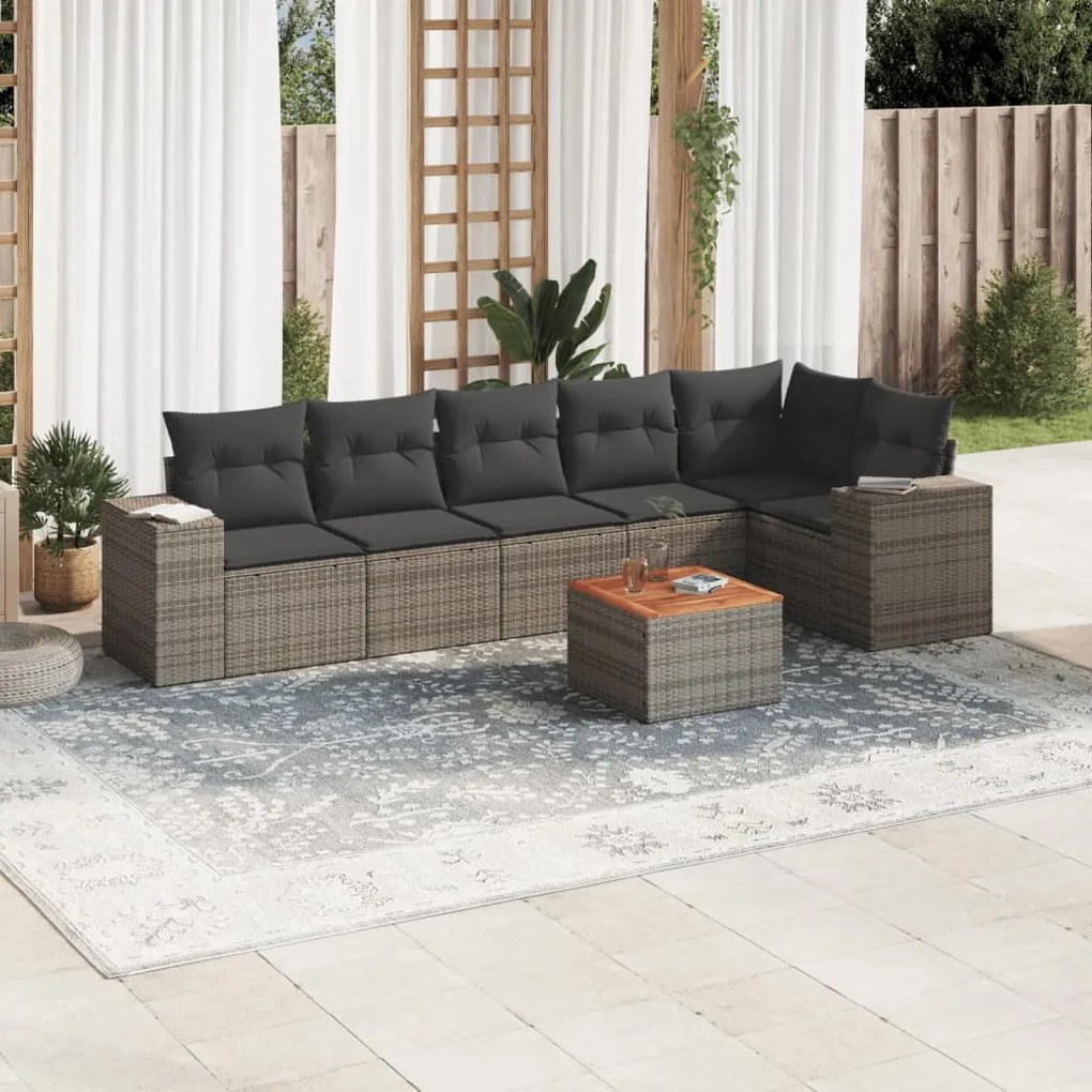 7 pcs conjunto sofás p/ jardim c/ almofadões vime PE cinzento