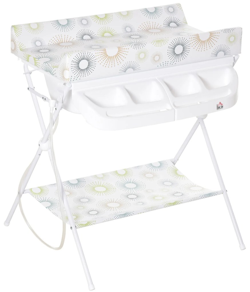 HOMCOM Banheira e Trocador de Fraldas 2 em 1 para Bebés 0-12 Meses Banheira Dobrável com Múltiples Espaços de Armazenamento e Prateleira Inferior Carga máx. 15kg 80x70x95cm Branco