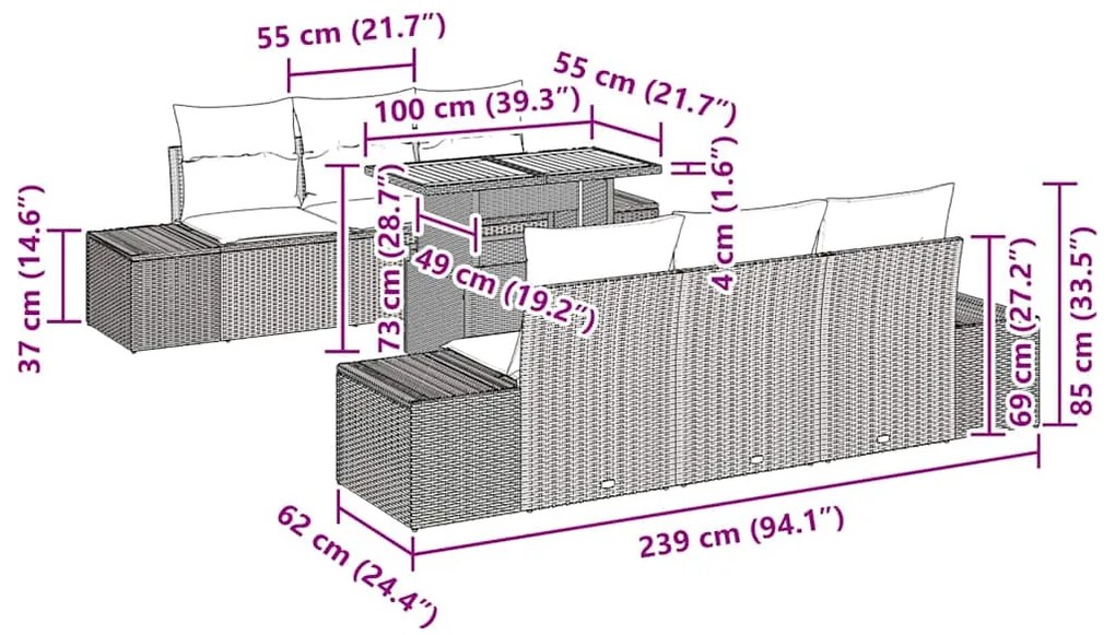 Conjunto de Jantar para o Jardim com 8 Peças e Almofadas Bege