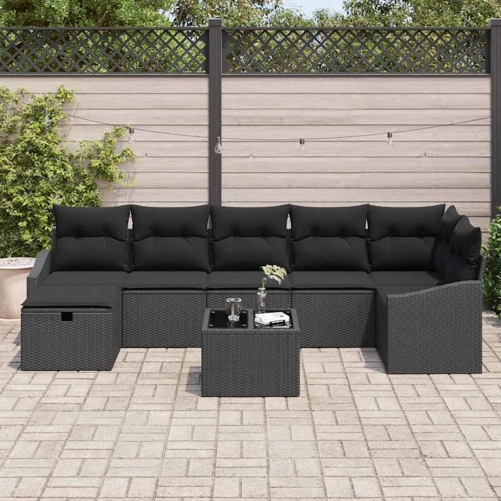 Conjunto de Sofá de Jardim com 8 Peças e Almofadas Preto em Poly Ratta