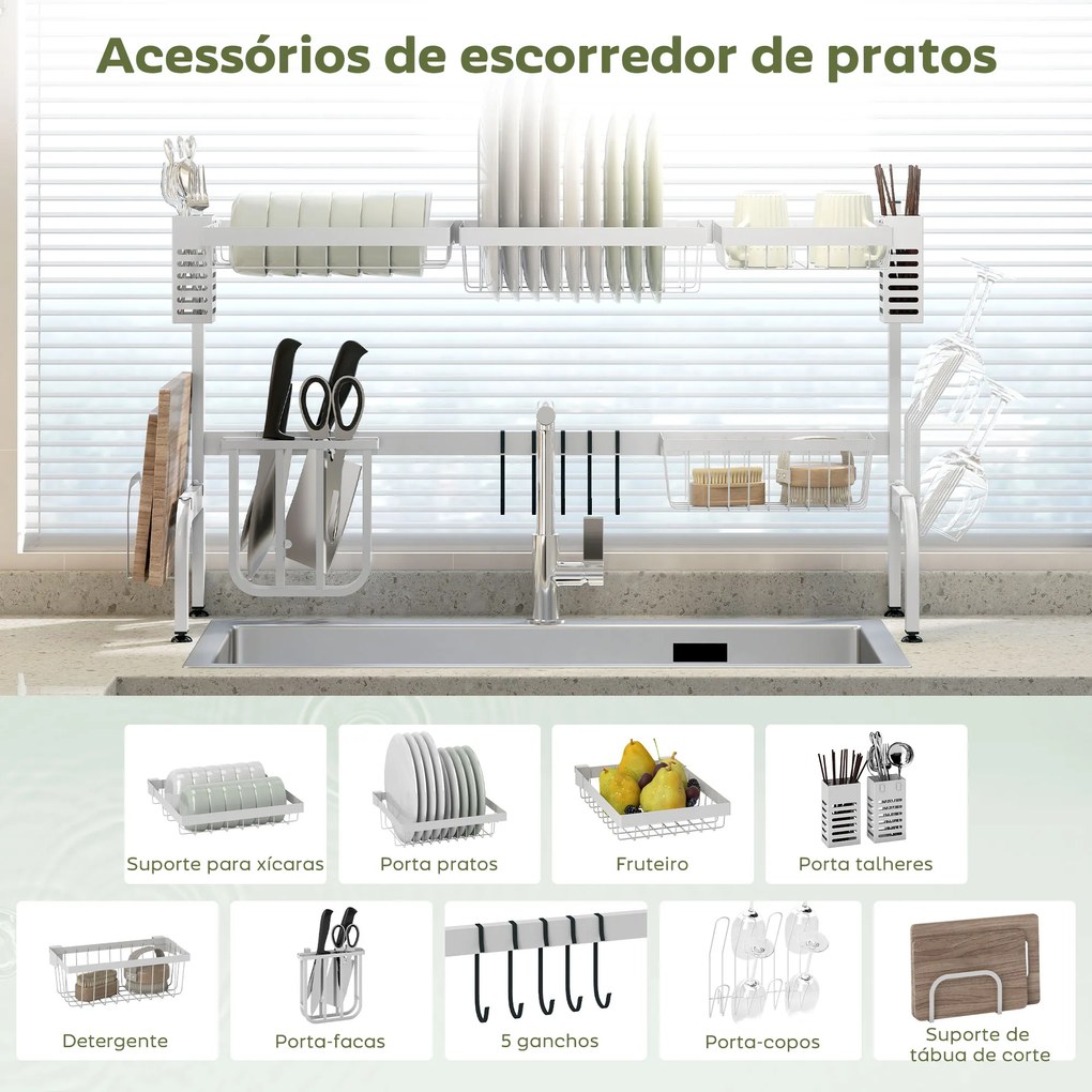 Escorredor de Louça de Aço de 2 Níveis com Prateleira para Pratos Suporte para Facas e Talheres 100x30x54,5 cm Branco