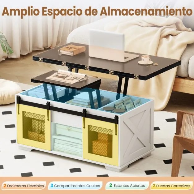 Mesa de centro 105 x 54 x 48,5 cm com tampo elevável estilo rústico, 2 portas deslizantes, 3 compartimentos ocultos, sala de estar, painel branco Pret