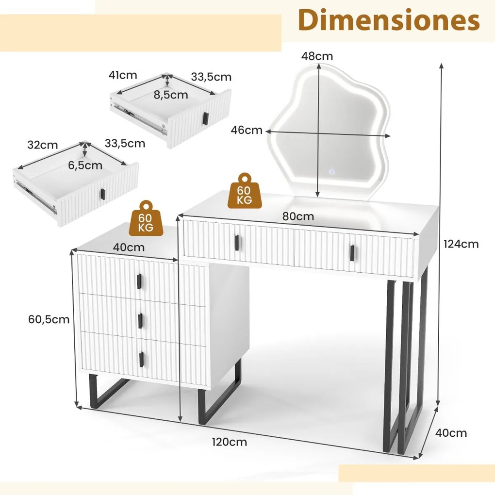 Toucador com espelho 120 x 40 x 124 cm e luzes 3 luzes ajustáveis 5 gavetas Bancada lateral Acabamento canelado e pernas metálicas Branco
