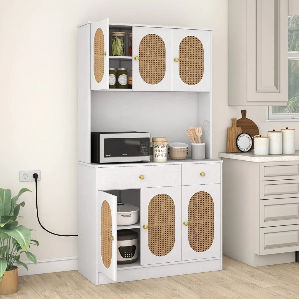 Armário de cozinha 100 x 40 x 180 cm com Estação de carregamento 6 portas Rattan Estilo boho, 2 gavetas 4 prateleiras ajustáveis Branco e Natural