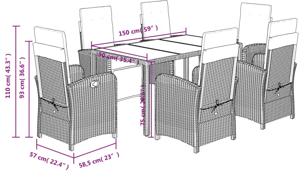 7 pcs conjunto de jantar p/ jardim c/ almofadões vime PE cinza