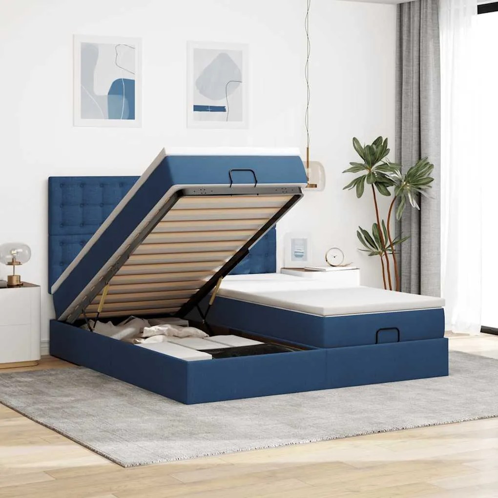 vidaXL Estrutura de cama otomana com colchões 160x200cm tecido azul