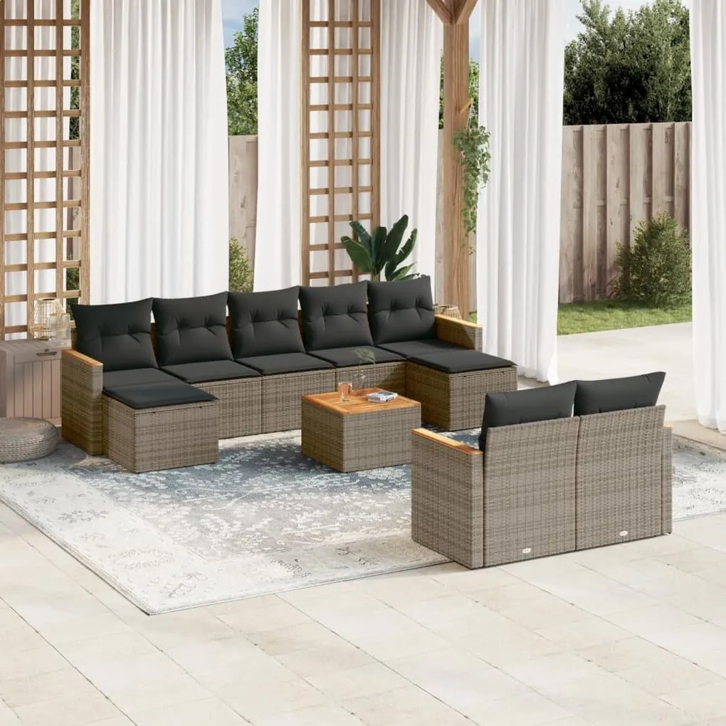 10 pcs conjunto sofás de jardim c/ almofadões vime PE cinzento
