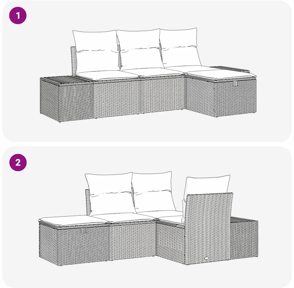 Conjunto de Sofá de Jardim de 4 Peças com Almofadas Bege Rattan Poliés