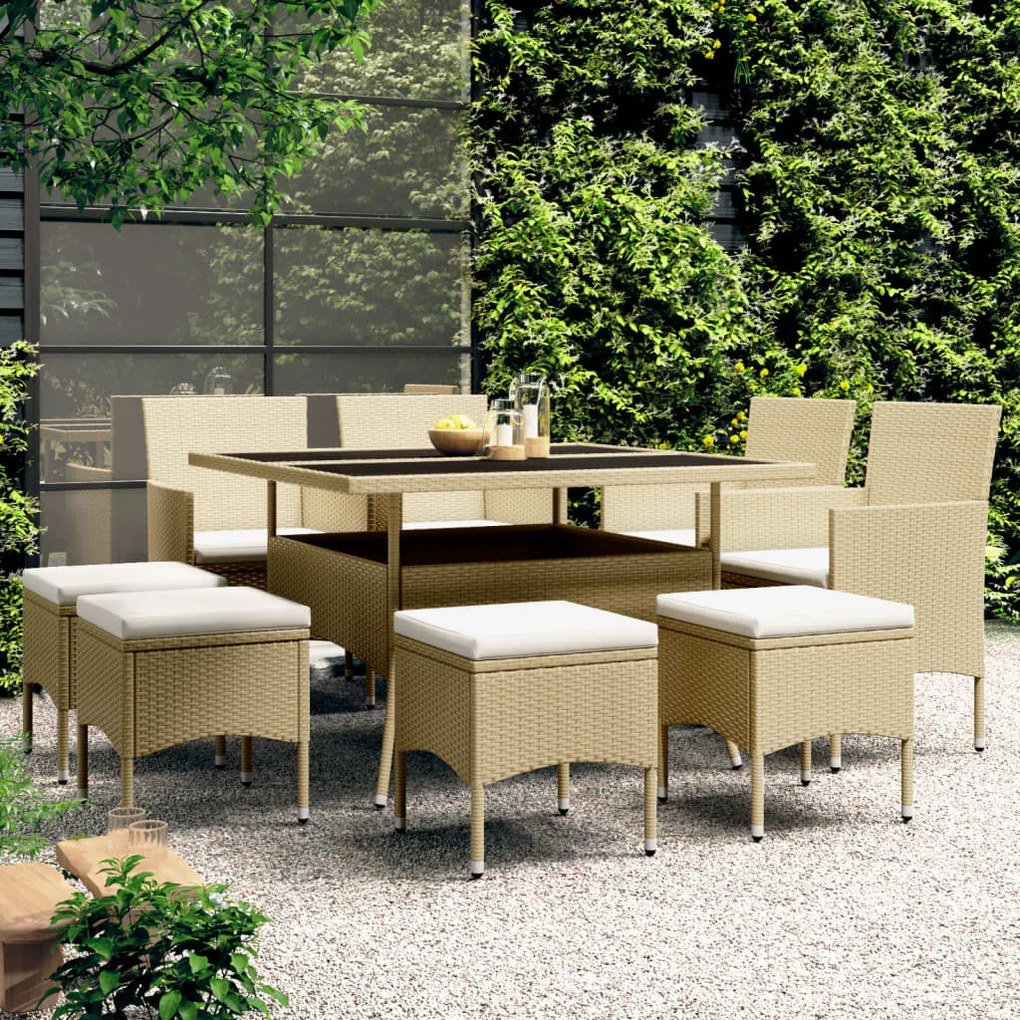 vidaXL 9 pcs conjunto de jantar para jardim vime PE bege