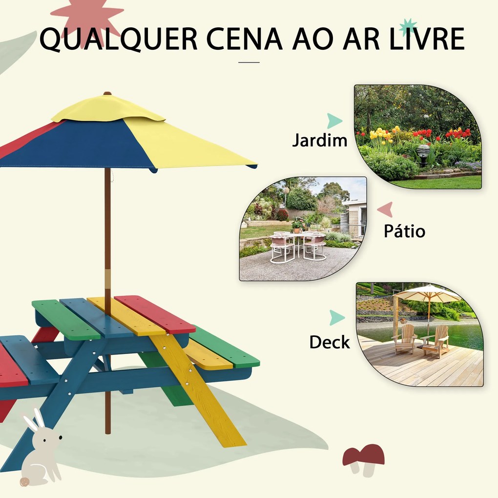 Mesa de Piquenique para Crianças em Madeira com 2 Bancos e Chapéu de S