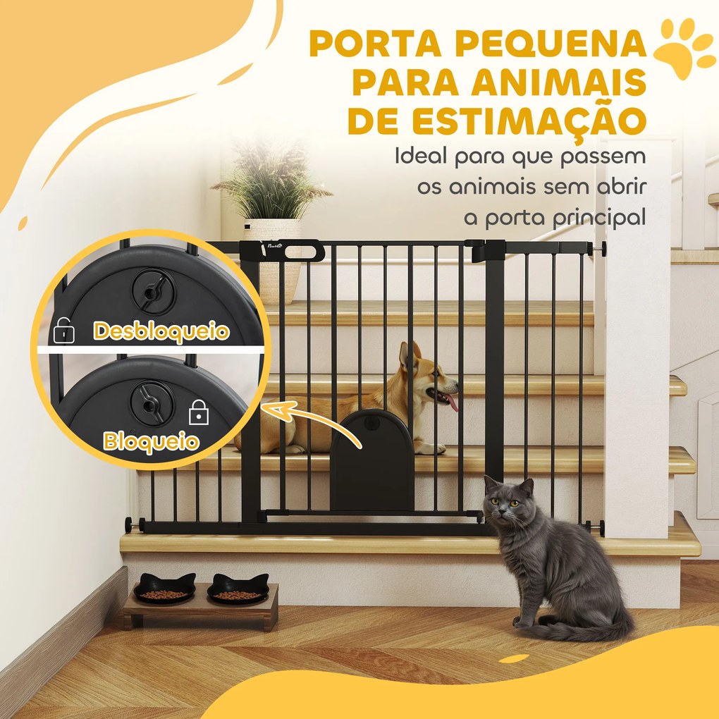Barreira de Segurança de Animais de Estimação para Escadas e Portas com Aberturas de 75-131 cm com 3 Extensões Preto