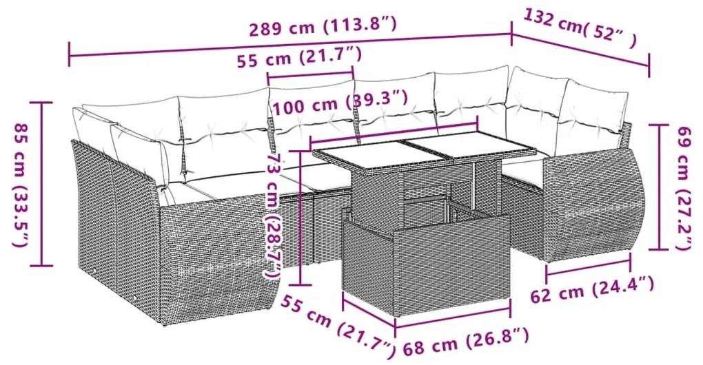 8 pcs conjunto sofás de jardim com almofadões vime PE preto