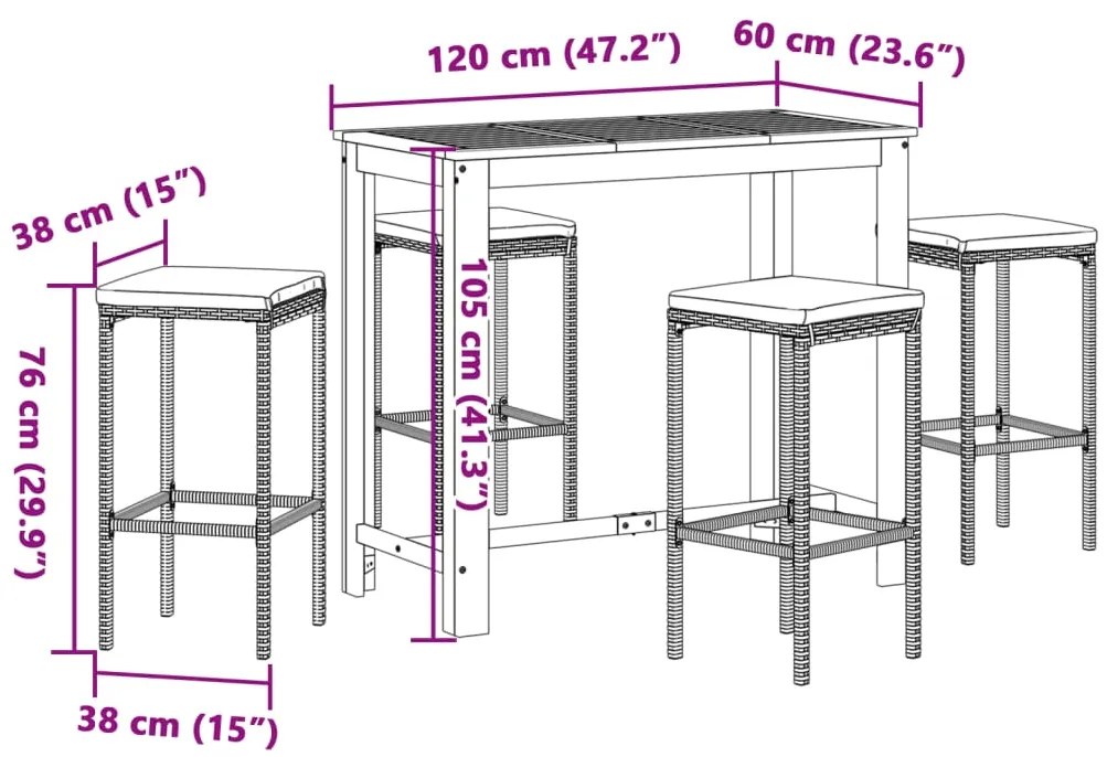 5 pcs conjunto de bar p/ jardim acácia maciça/vime PE castanho