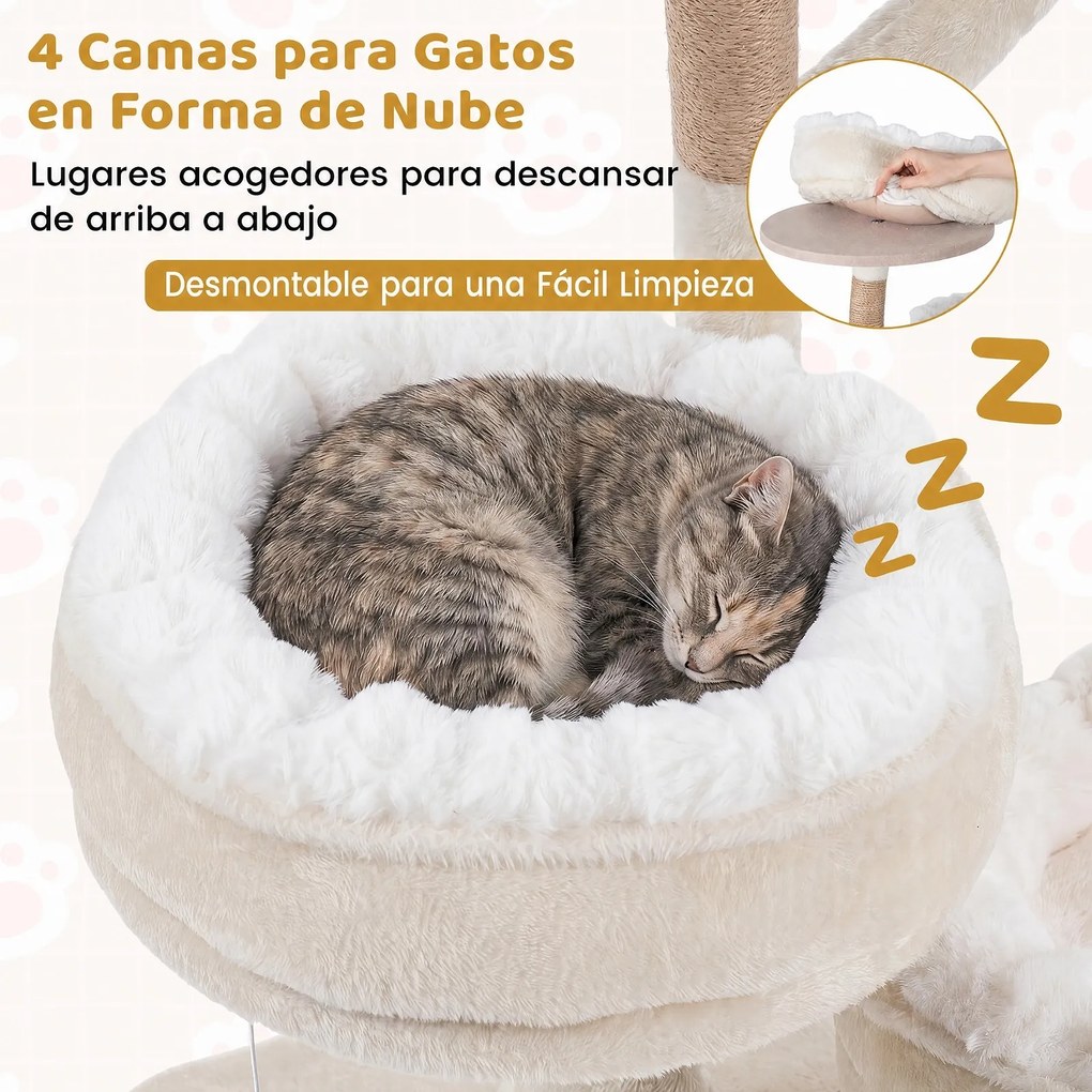 Árvore para Gatos, 58,5 x 58,5 x 132 cm, 4 Plataformas Removíveis, Branco