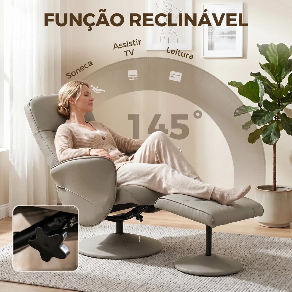 Poltrona Relax Reclinável com Otomana Encosto Alto Giratória 360° Apoios de Braços 76x81x101 cm Bege Cinzento