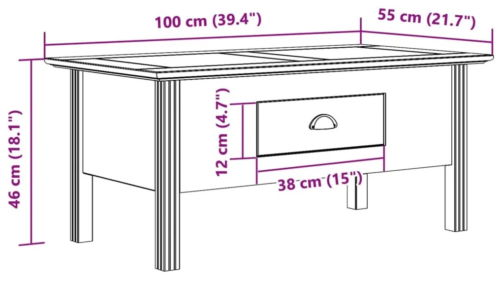 Mesa de centro BODO 100x55x46 cm madeira de pinho maciça branco