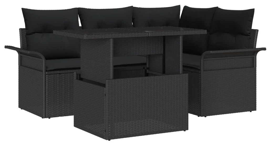 Conjunto de Sofás de Jardim vidaXL 5 Peças com Almofadas Rattan Poliéster Preto