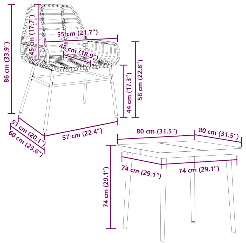 3 pcs conjunto de jantar para jardim vime PE vidro preto
