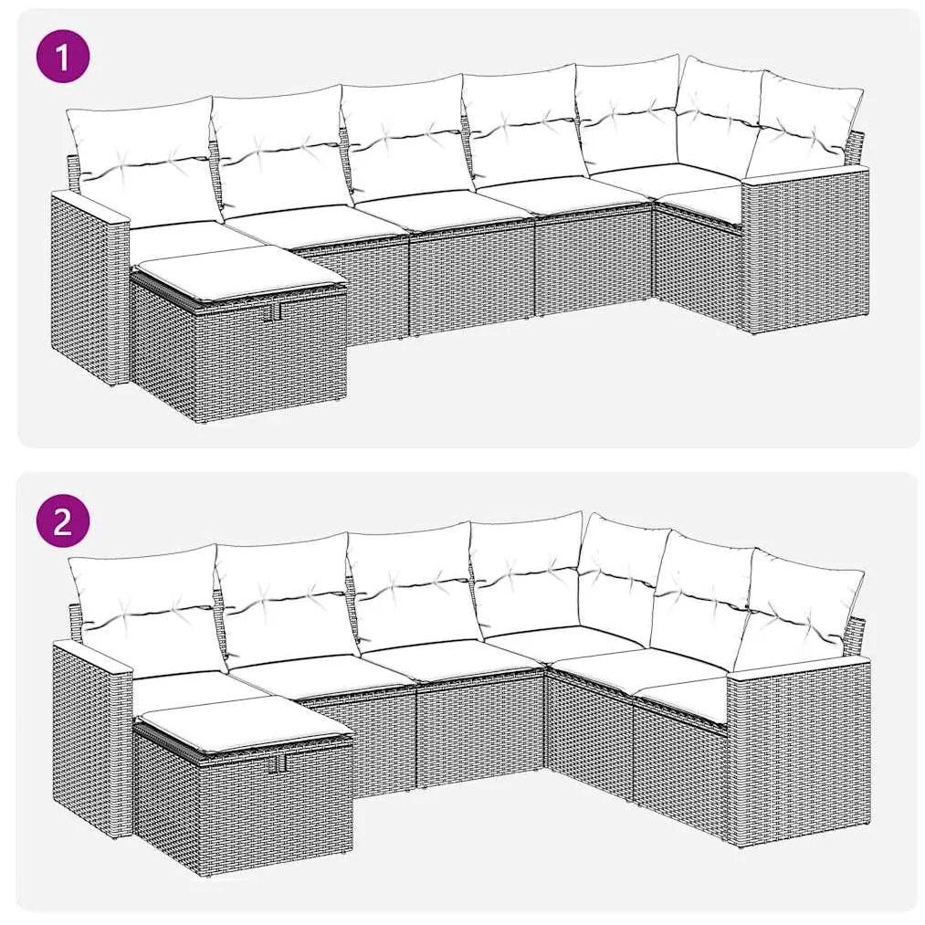 7 pcs conjunto de sofás p/ jardim c/ almofadões vime PE preto