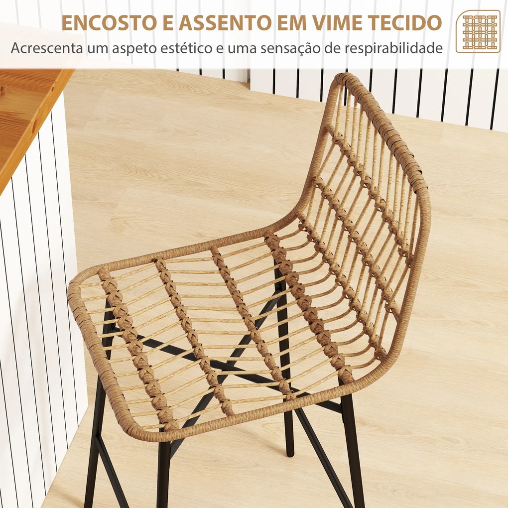 Conjunto de 2 Bancos Altos de Cozinha Bancos de Bar com Encosto e Assento em Vime Sintético 43x56x101 cm Castanho claro e preto