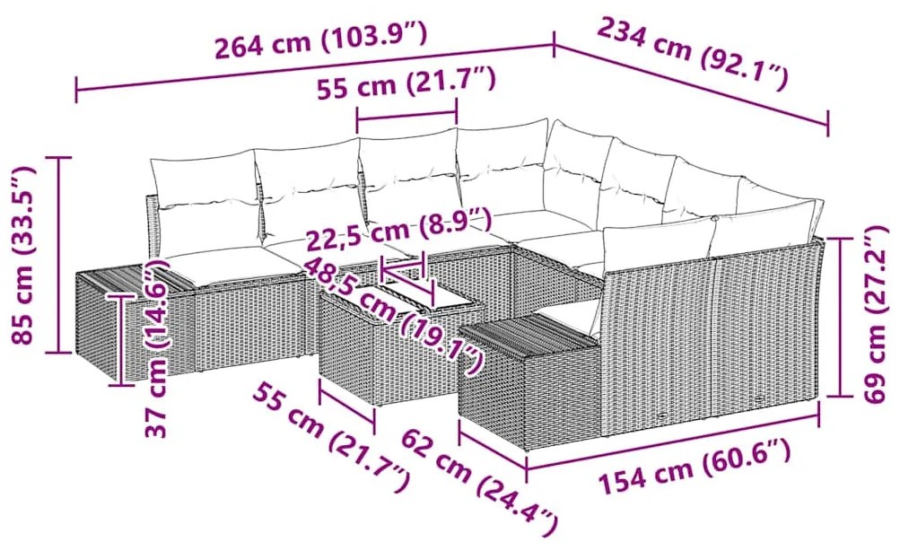Conjunto de Sofá de Jardim com 9 Peças e Almofadas Bege em Rattan Sint