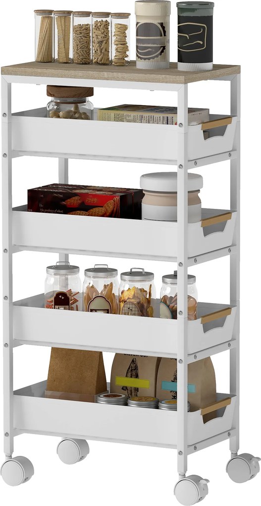 Carrinho de arrumação com Rodas  39,5 cm (L) x 24 cm (P) x 82 cm (A), 5 níveis, com 4 gavetas deslizantes e prateleira de arrumação, branco
