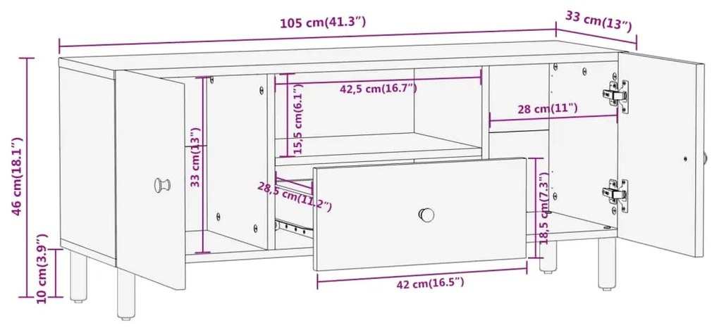 Móvel de TV 105x33x46 cm madeira de mangueira maciça