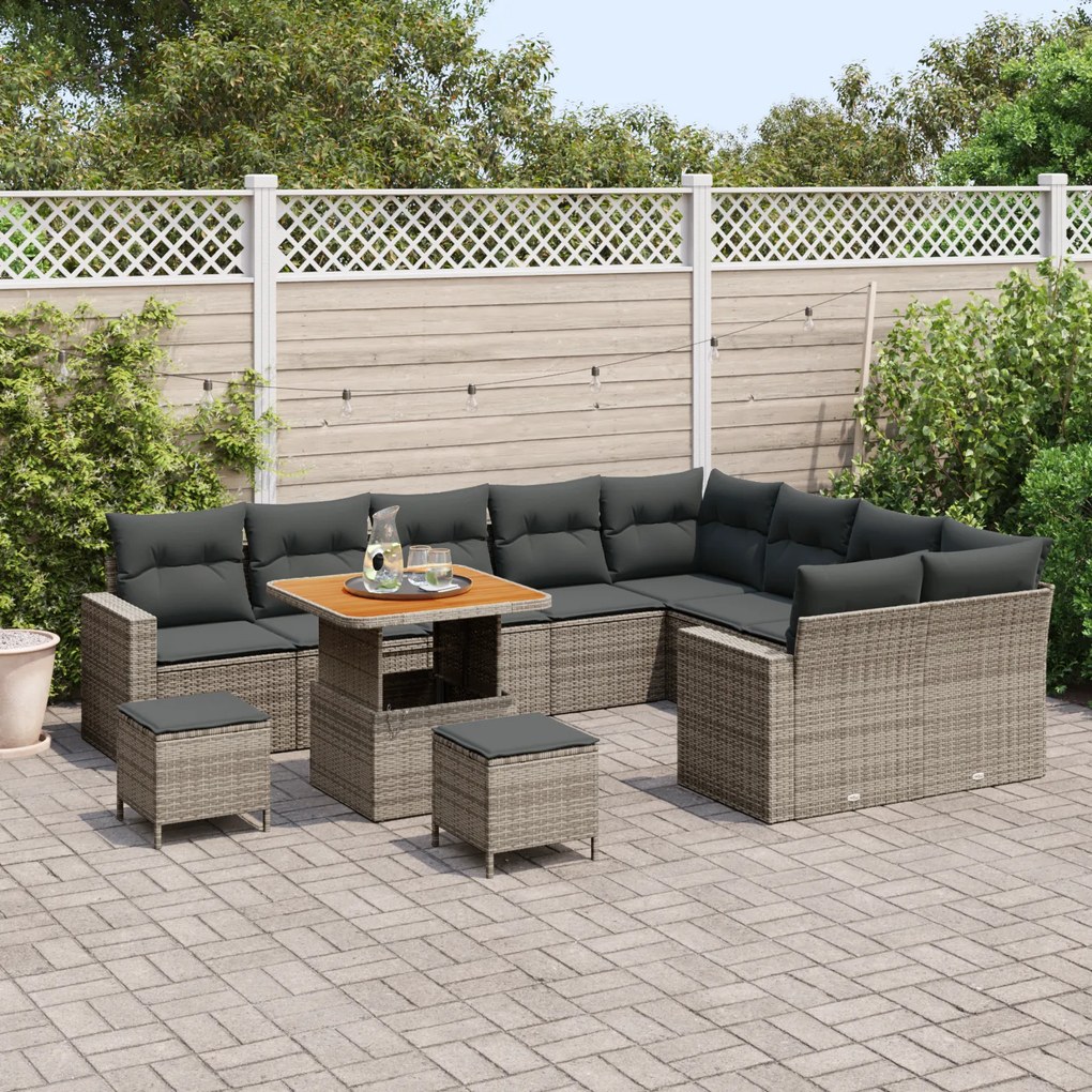 Conjunto de Sofá Jardim de 12 Peças com Almofadas Cinza Rattan Poliést