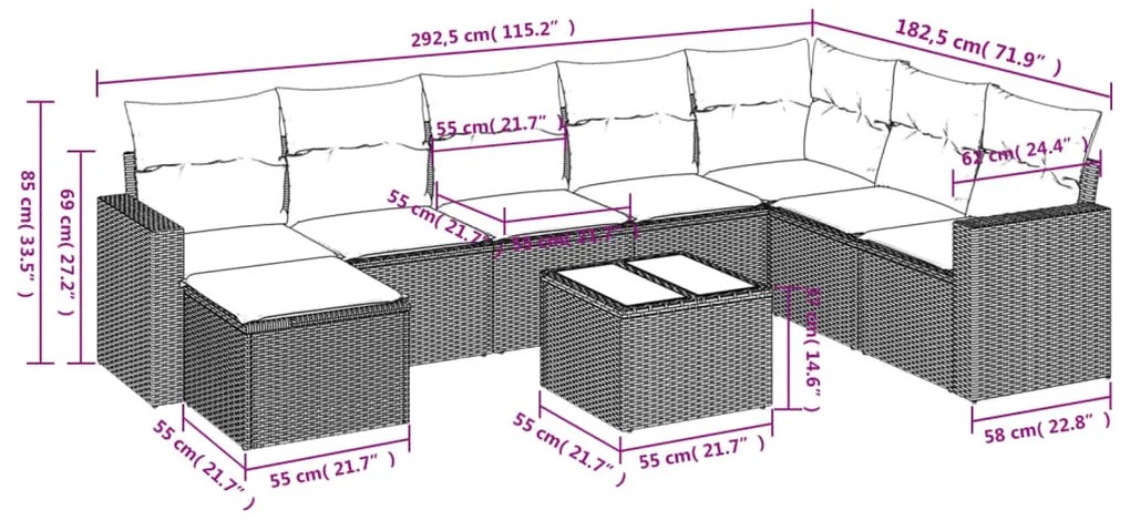 9 pcs conjunto de sofás p/ jardim com almofadões vime PE bege