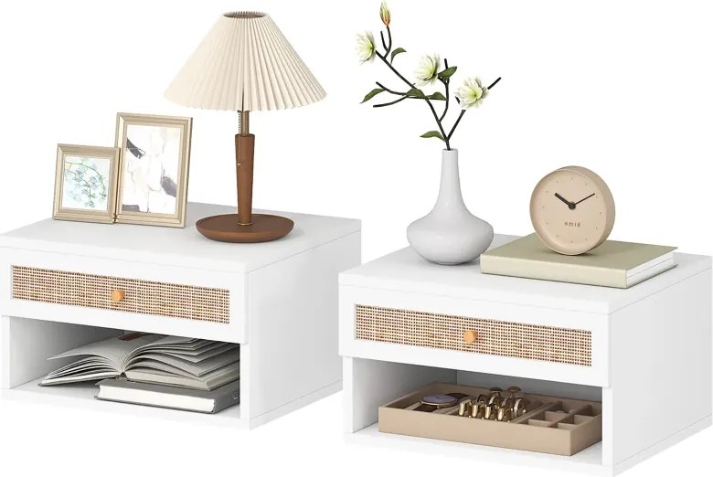 Conjunto de 2 Mesas de Cabeceiras Suspensas 40x34x23 cm com Compartimento Aberto e Gaveta com Frente em Vime Branco