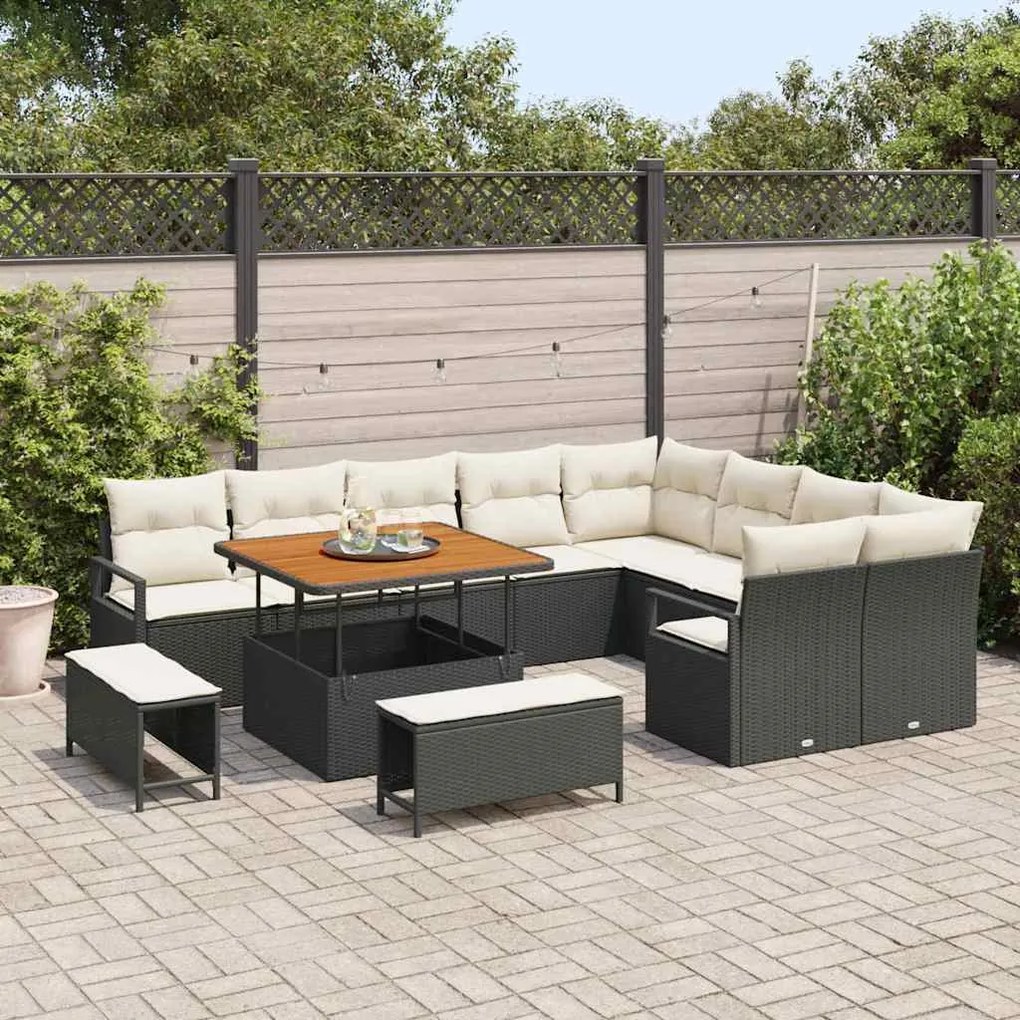 Conjunto de Sofá de Jardim de 12 Peças com Almofadas Preto Rattan Poli