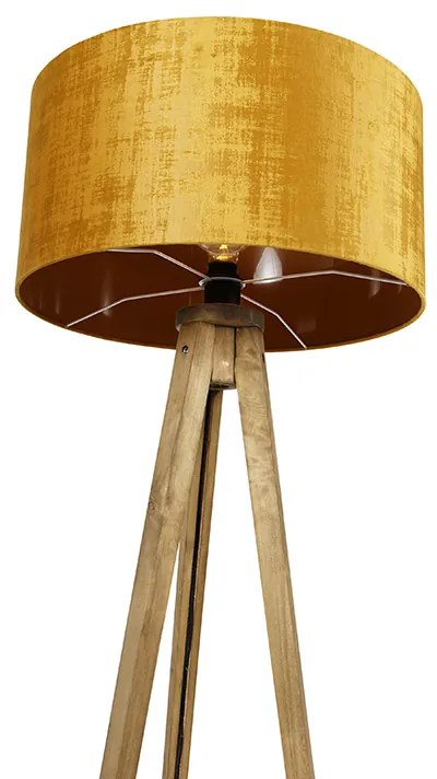 Candeeiro de pé rústico tripé vintage em madeira com cúpula dourada 50 cm - Tripod Classic