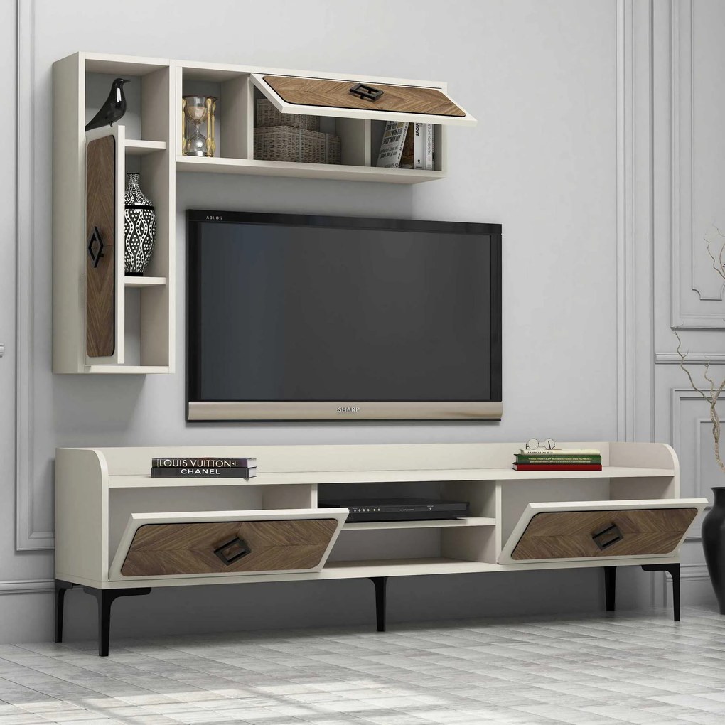 Conjunto de Mobiliário de Sala Samba – Walnut Cream – TV Unit 180x52x3